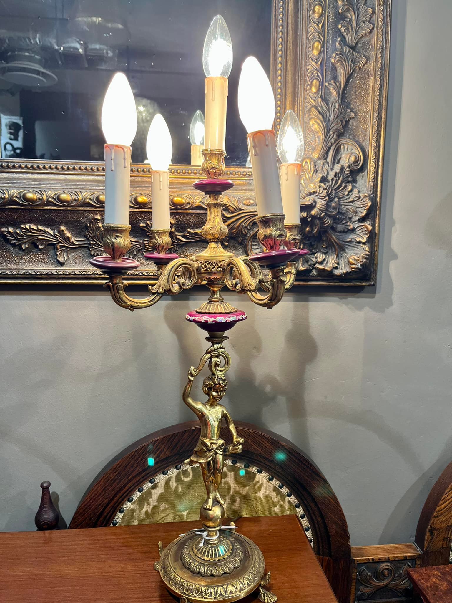 Large ACF 5-arm brass candelabra table lamp with cherub base and porcelain detail: R3,000