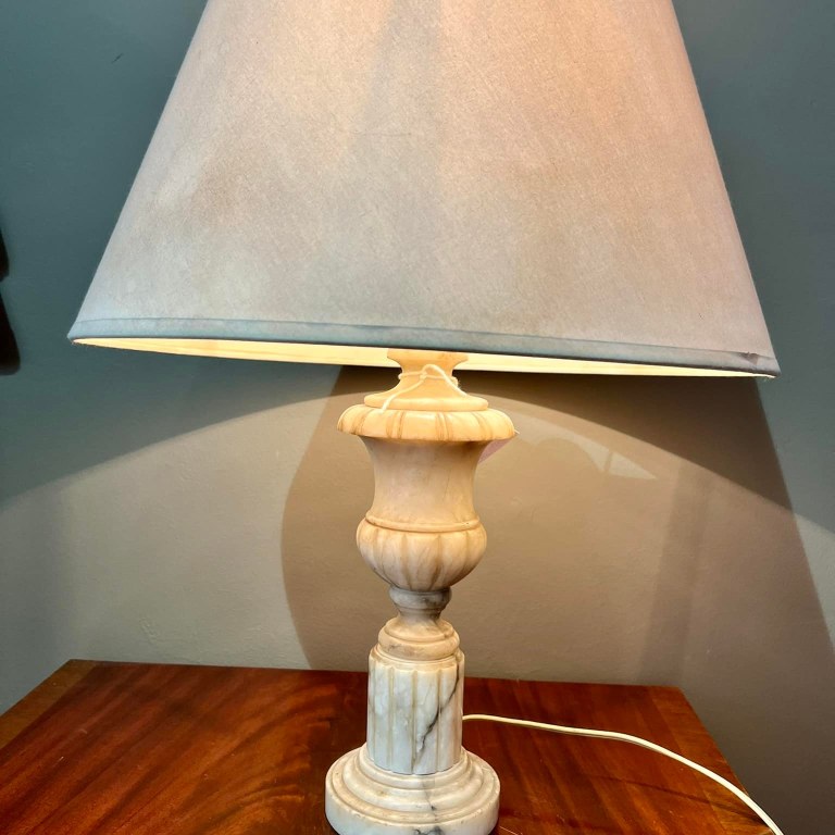 Lamp with carved alabaster base and cream shade: R1,500