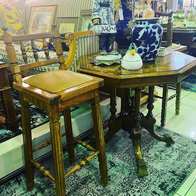 late Victorian octagonal burr walnut center table and retro oak bar stool