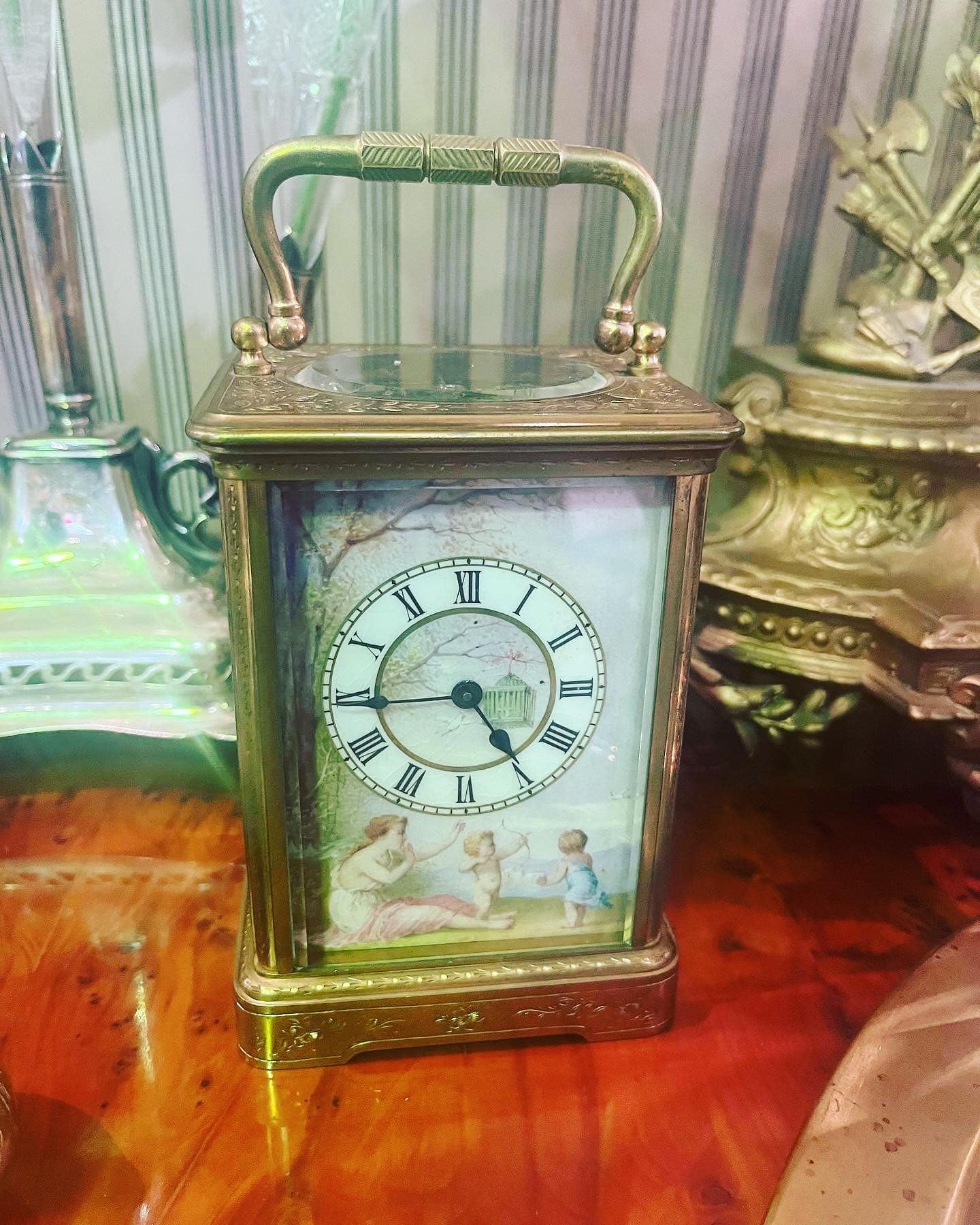 Hards brass and hand-painted porcelain French carriage clock, late 1800’s, recently serviced and in full working order