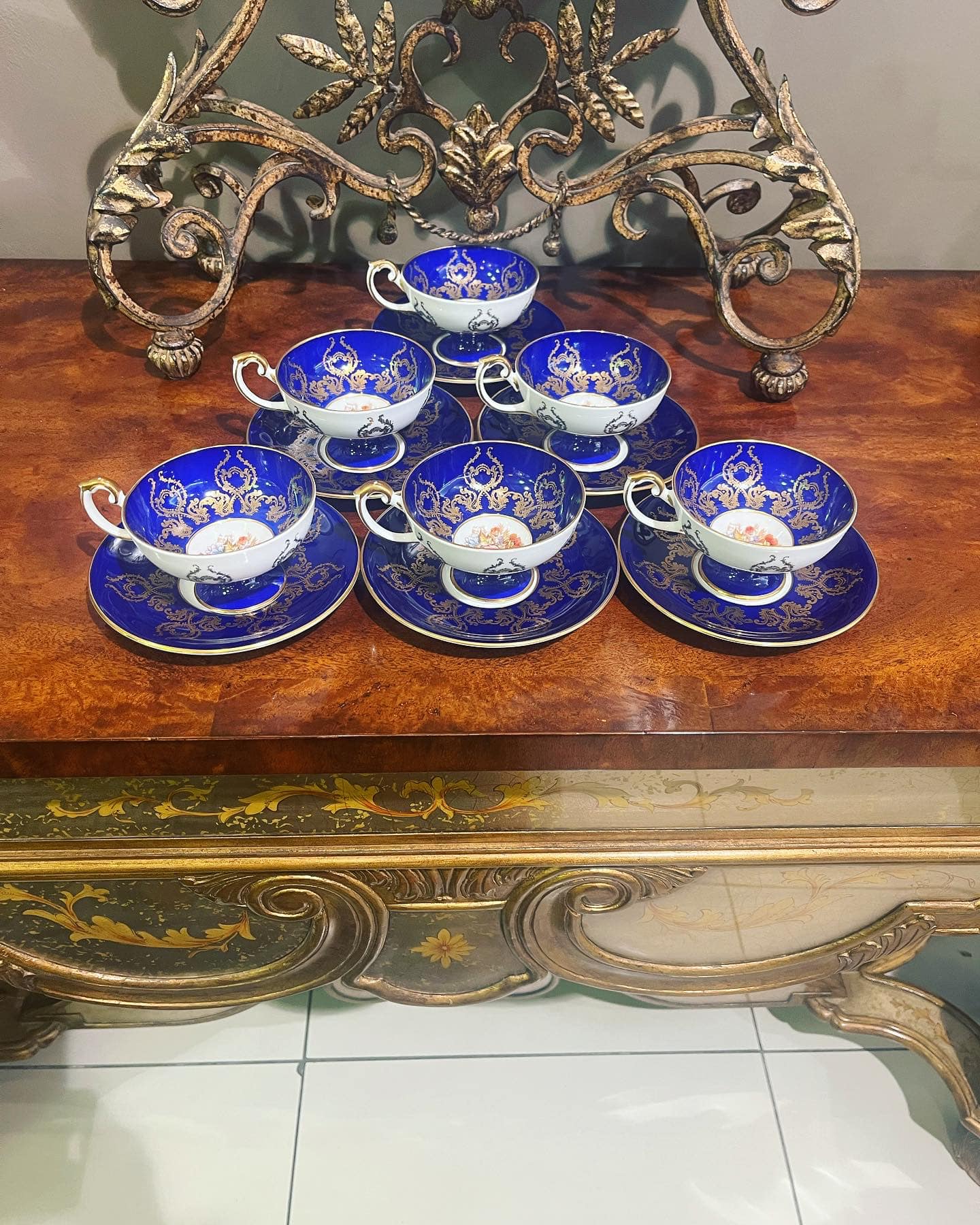 Aynsley cobalt & gilt - pink cabbage rose pattern hand painted & signed by JA Bailey