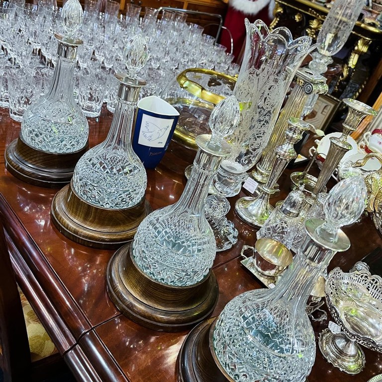 Set of 4 vintage Irish silver crystal collared decanters