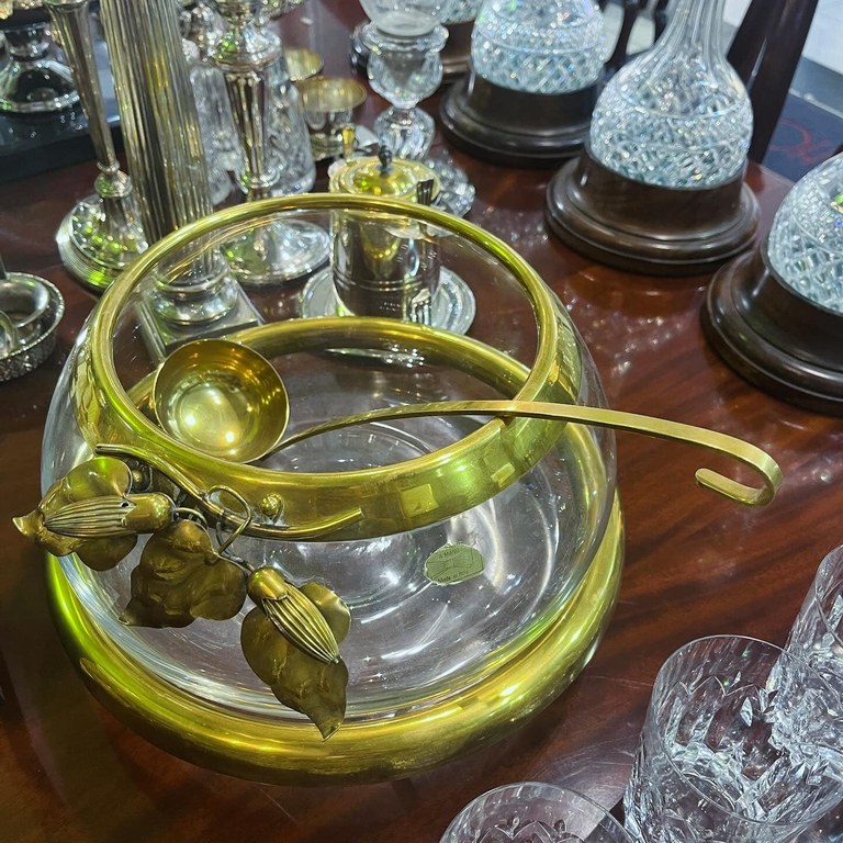 Vintage Italian brass & crystal bowl with ladle