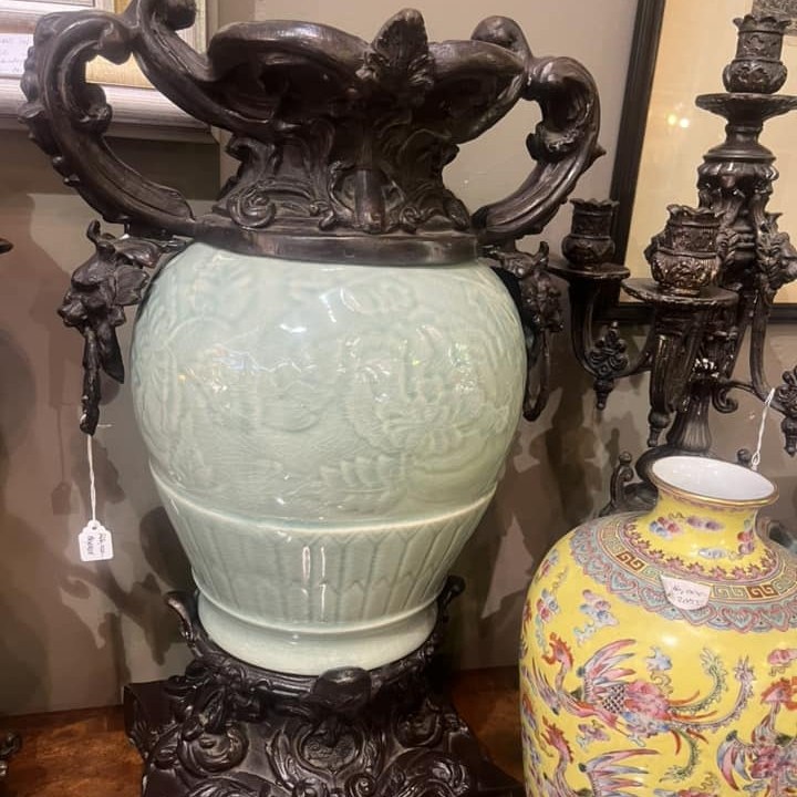 Antique Chinese caledon vase with bronze base & top