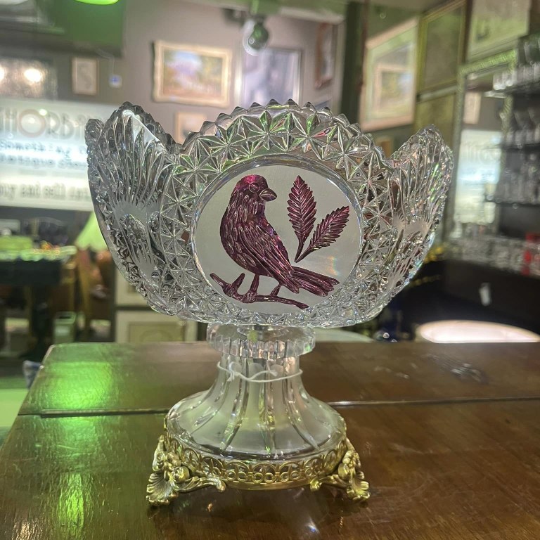 SOLD! Mid-Century German crystal & brass footed bowl