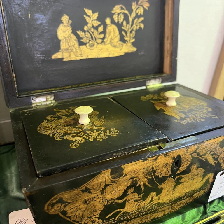 REGENCY PENWORK TEA CADDY, CIRCA 1810, DECORATED IN THE NEO CLASSICAL STYLE