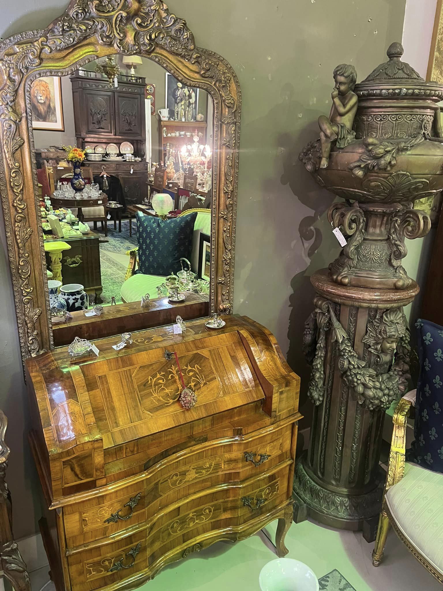 Antique Italian kingwood and walnut ladies secrataire, French style gild mirror, Cast bronze urn on plinth late 19th Century