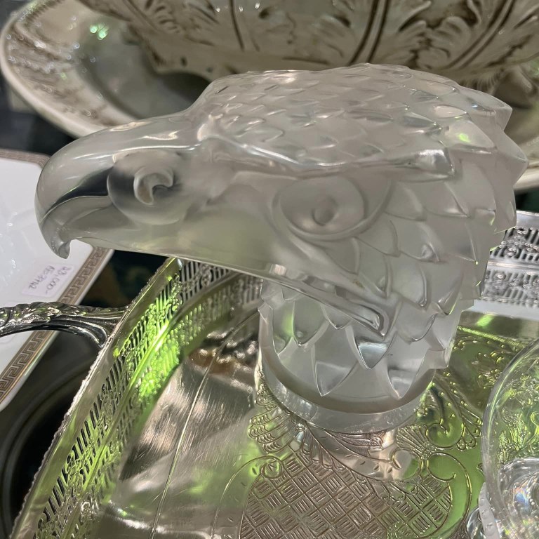 Lalique ‘Tete d’Aigle’ Eagle’s Head glass mascot, script mark Lalique France, 11 x 14cm, Mid-Century