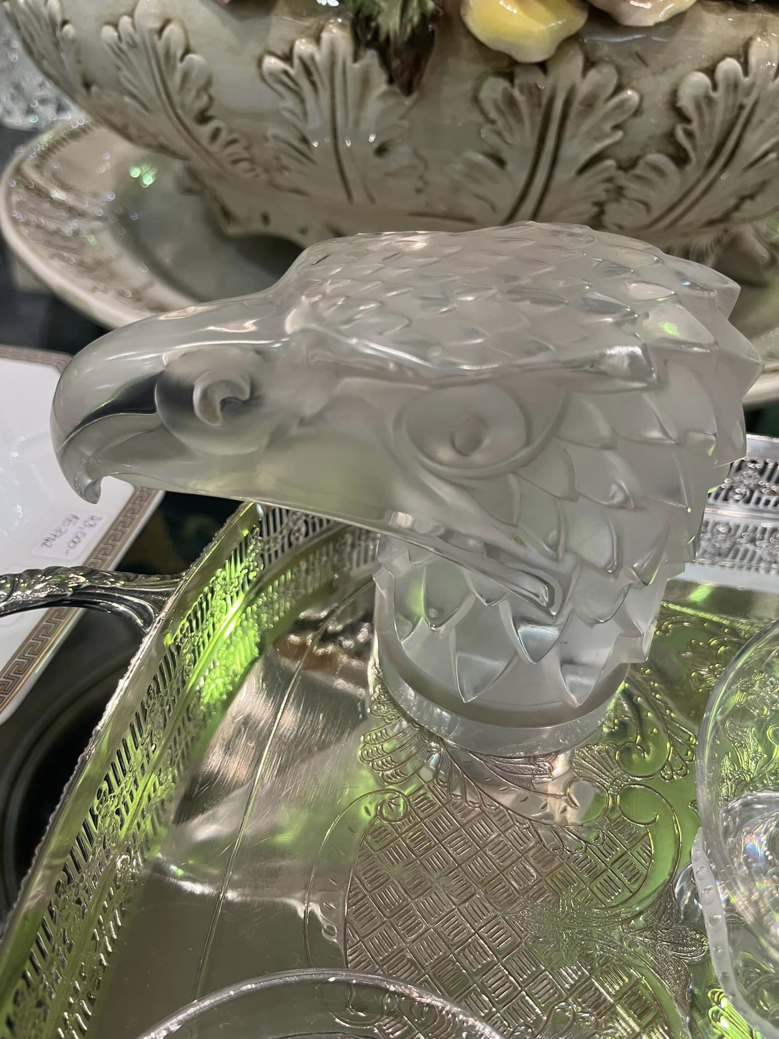 Lalique ‘Tete d’Aigle’ Eagle’s Head glass mascot, script mark Lalique France, 11 x 14cm, Mid-Century