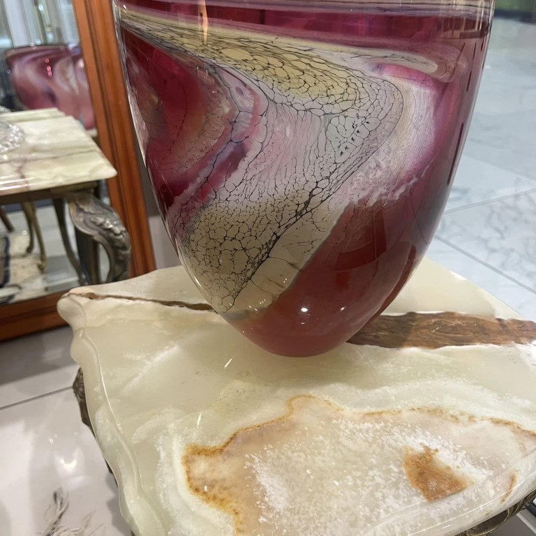 David Reade (English 1960 - ), hand blown glass vase in pink yellow and white, signed and dated 2004, 26 x 22cm