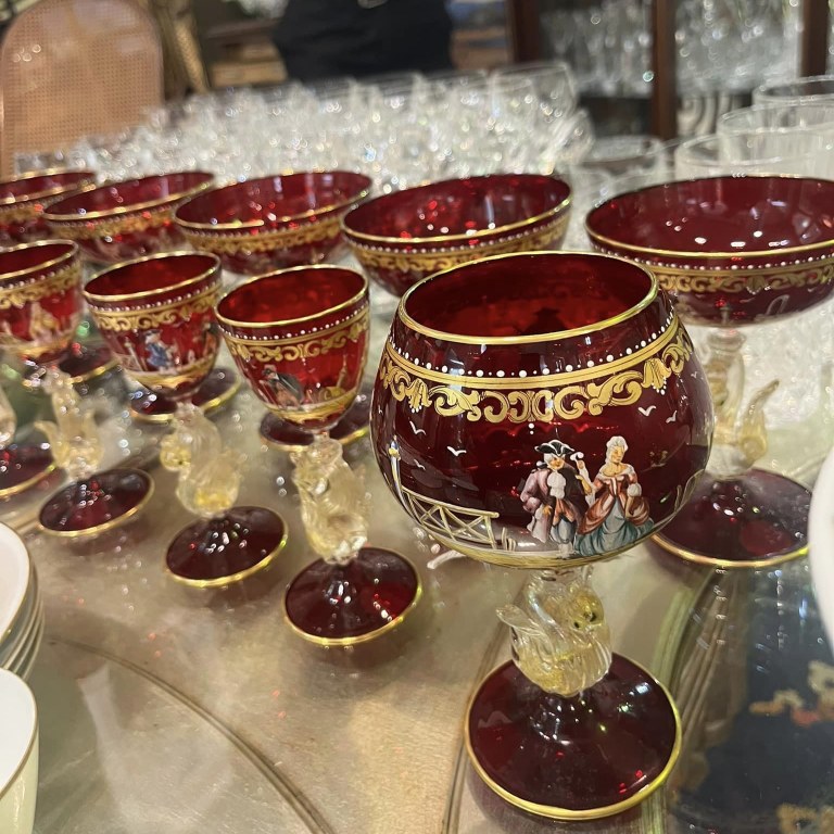 Salaviati and Co. Murano hand painted glassware, the stems in the form of swans and the bowls handpainted, late 19th Century