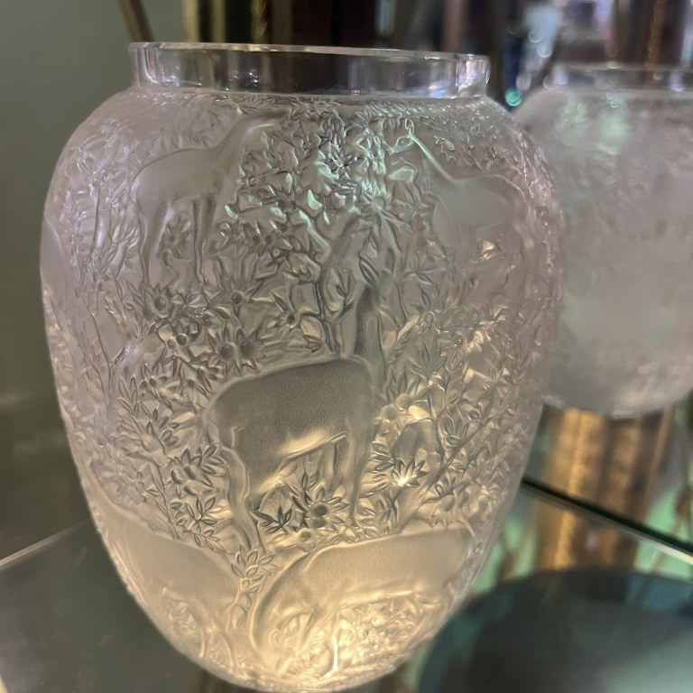 Rene Lalique Clear & Frosted Glass 'Biches' Vase, Stencilled makers mark, 'LALIQUE FRANCE', c1930s