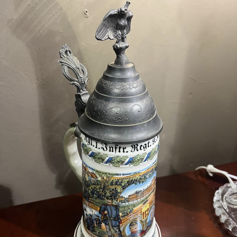 German Regimental Military Stein with pewter lid of crowned eagle as finial, post WWII