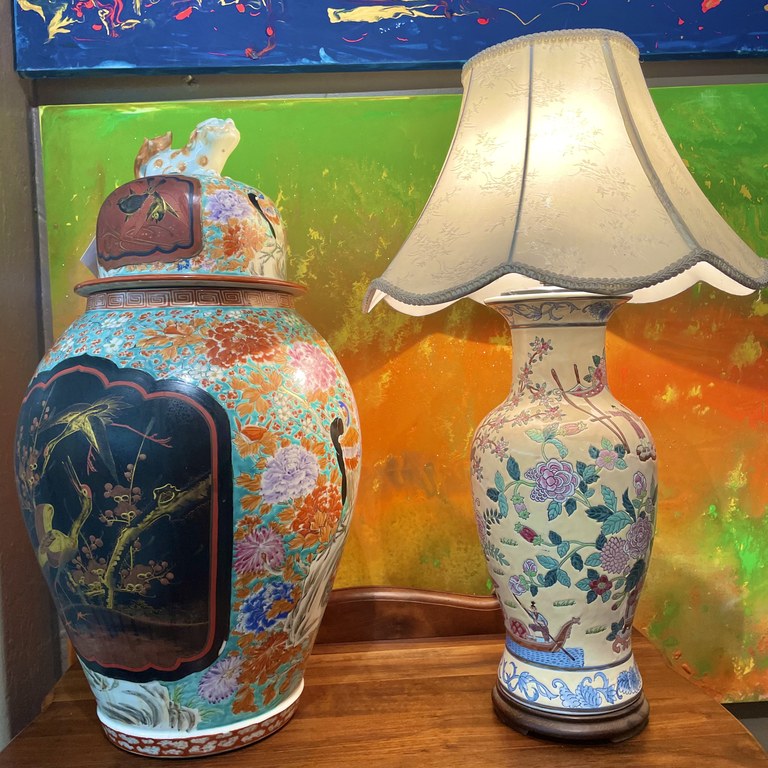 JAPANESE BULASTER PORCELAIN VASE, (CIRCA 1860 HAGOZAN PORCELAIN FACTORY IN FUGUKAGAME IN KOTO, TOKYO, JAPAN).  - R86,000  VINTAGE LAMP WITH CHINESE HAND-PAINTED VASE BASE - R3,500