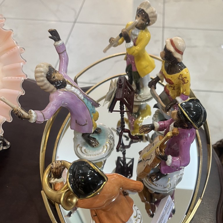 Five Sevres style porcelain "Monkey Band" figurines