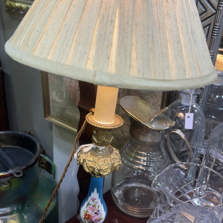 Pair of French ormolu and porcelain candlesticks converted to electric lamps
