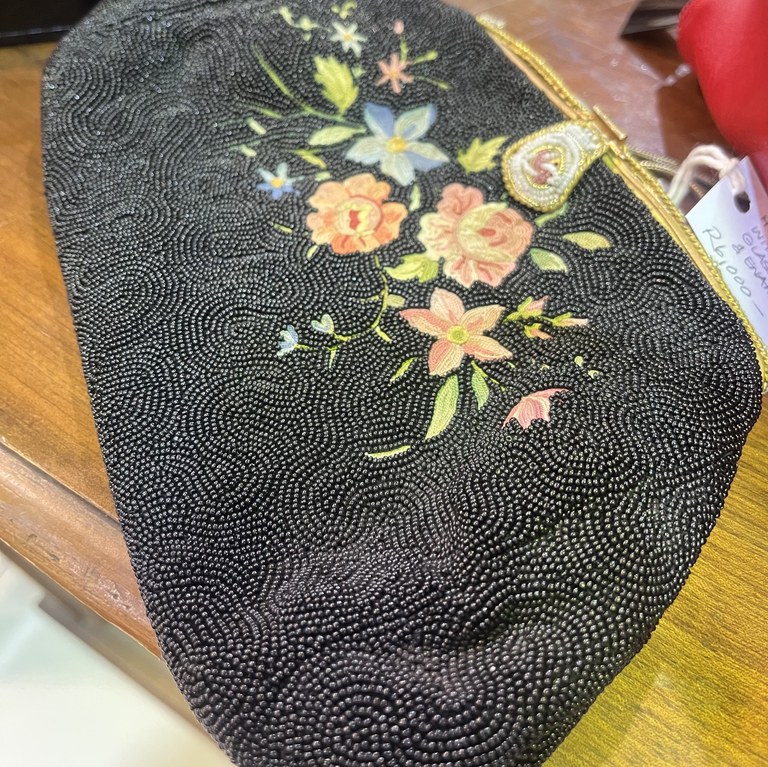 Herve clutch bag with handsewn glass beads, embroidery and enamel work, c1950s