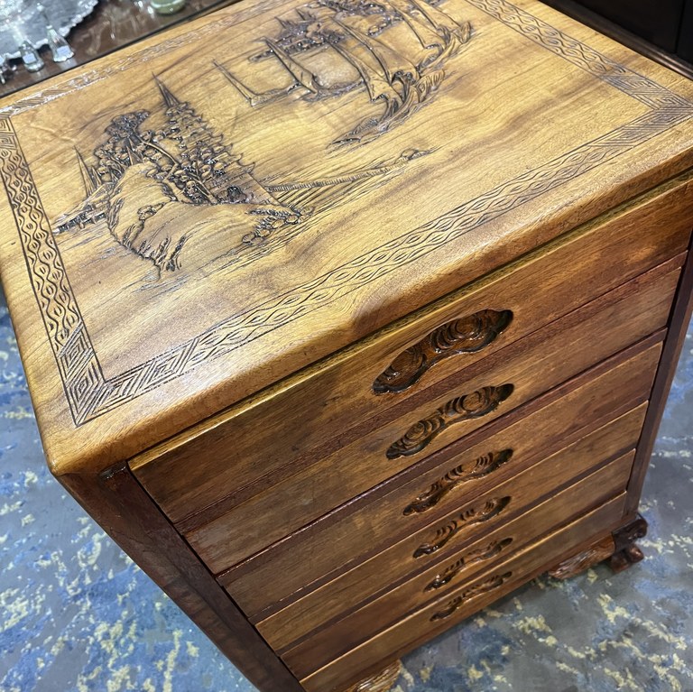 Chinese oak chest of drawers with carved scenes, early 1900s