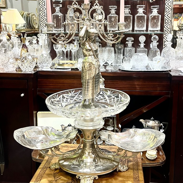 Art Nouveau silver plate and crystal epergne