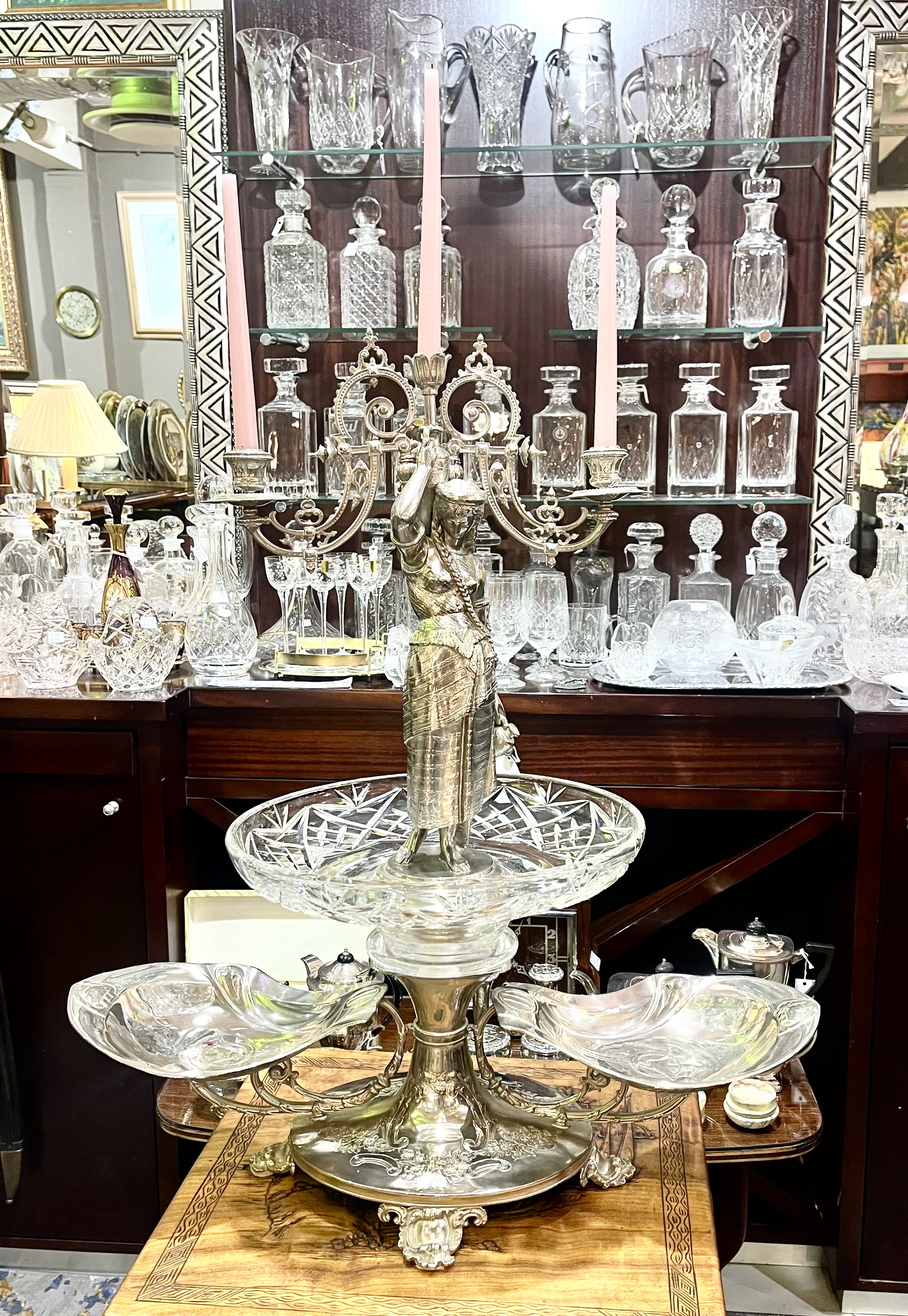 Art Nouveau silver plate and crystal epergne
