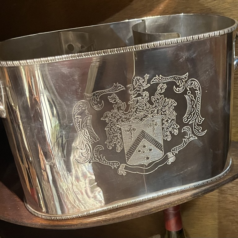 Silver plate wine chiller with pseudo heraldry engraving
