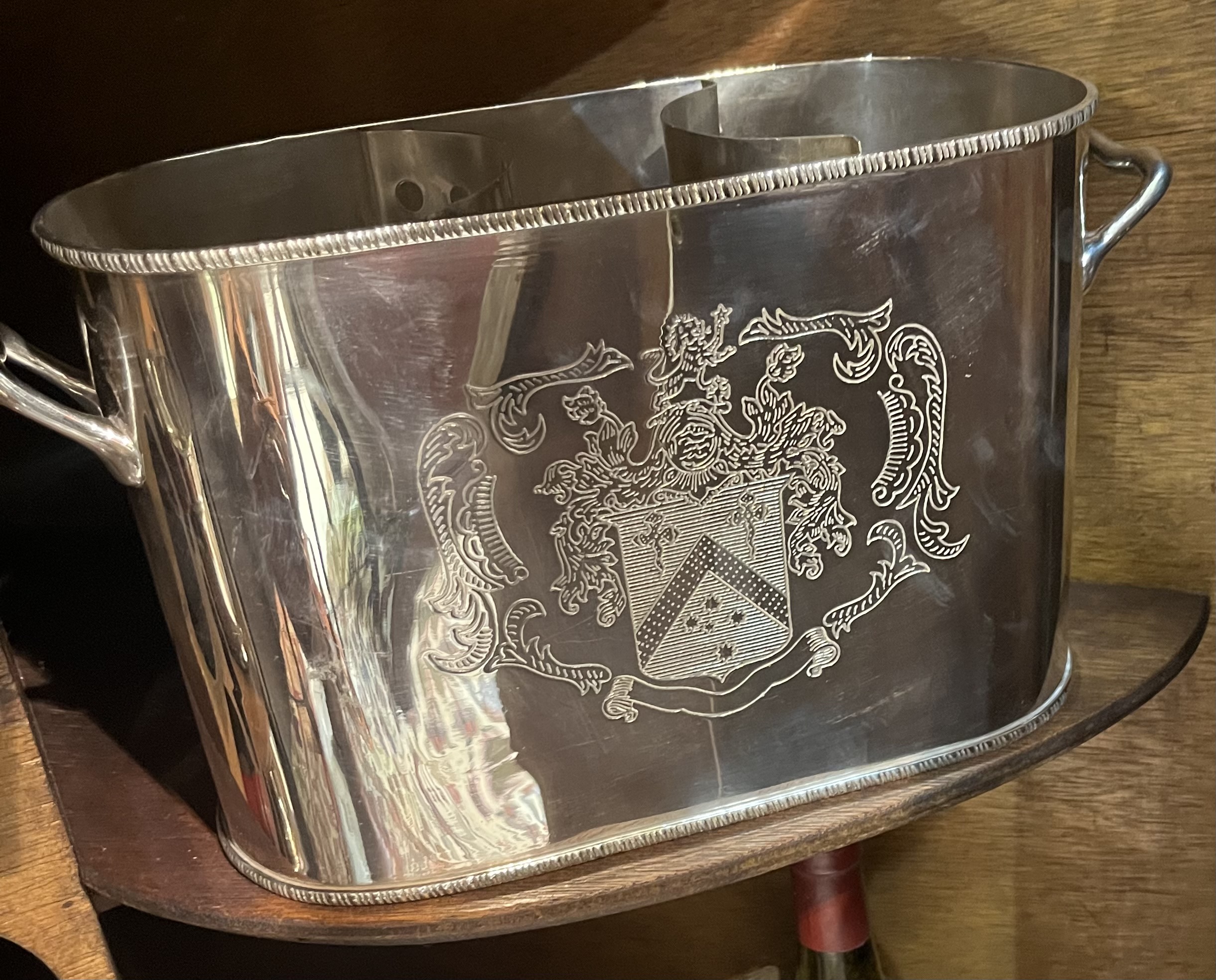 Silver plate wine chiller with pseudo heraldry engraving