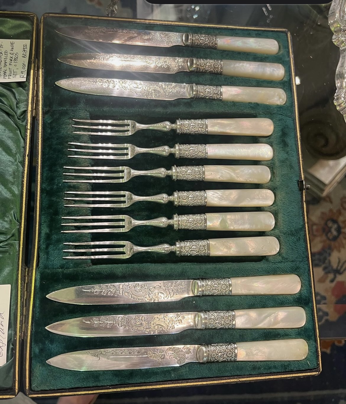 Victorian silver plated fruit knives & forks with mother-of-pearl handles, 12-piece, c1880