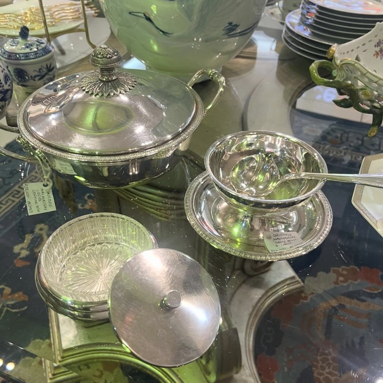 Christofle Malmaison lidded serving dish, sauciere with oil separator spoon (Empire style) and lidded caviar dish with glass inlay, c1980