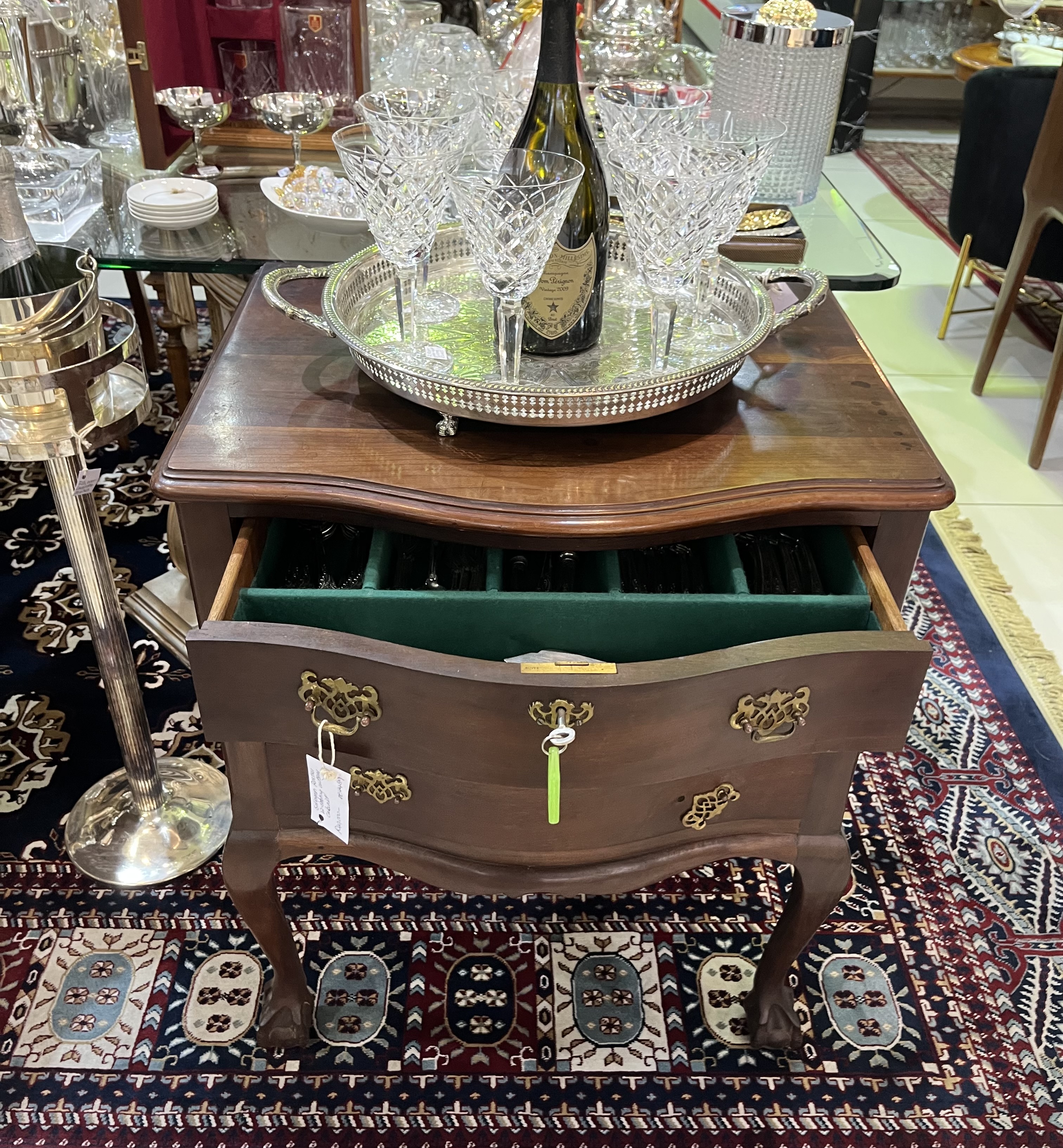 Ball & claw cutlery table with 12-setting silver plated cutlery set, early 1900's