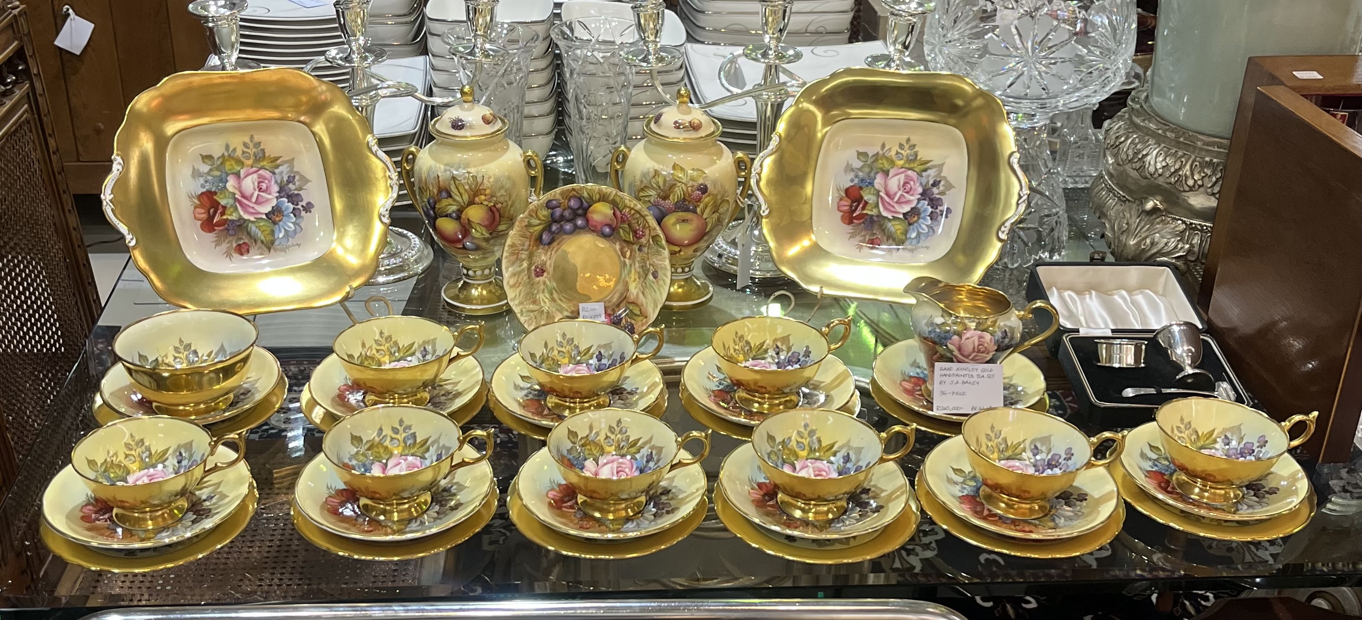 Aynsley Gold Cabbage rose tea set, signed by JA Bailey