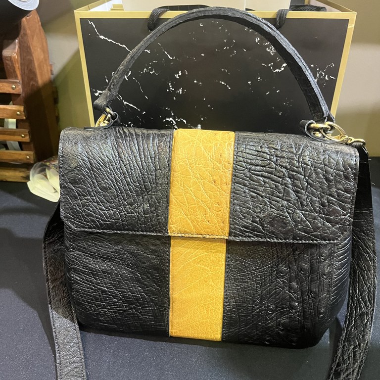 Black & yellow ostrich leather handbag
