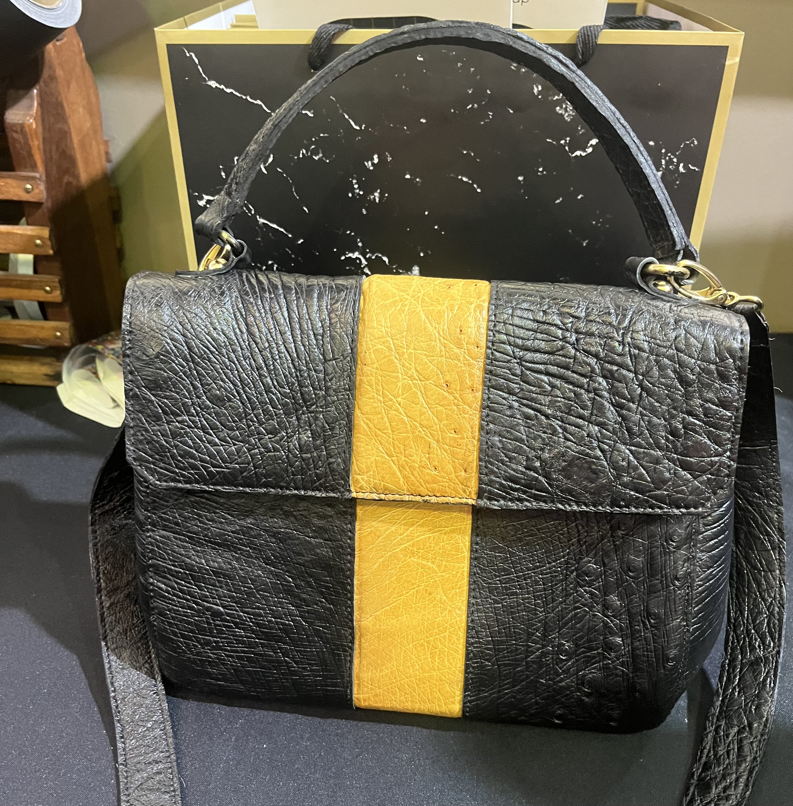 Black & yellow ostrich leather handbag