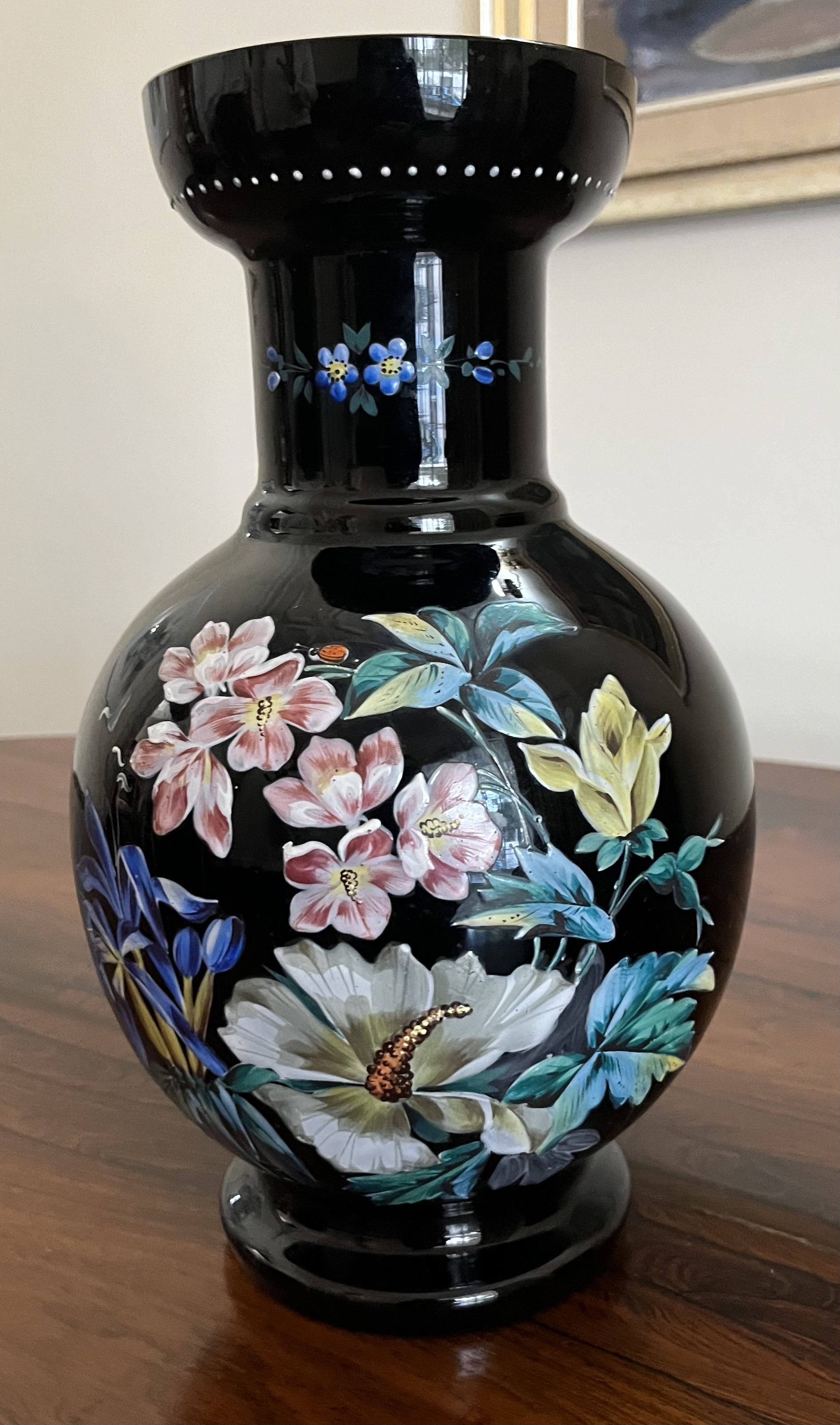 Victorian enamelled ebony glass vase with hand painted : R6,000