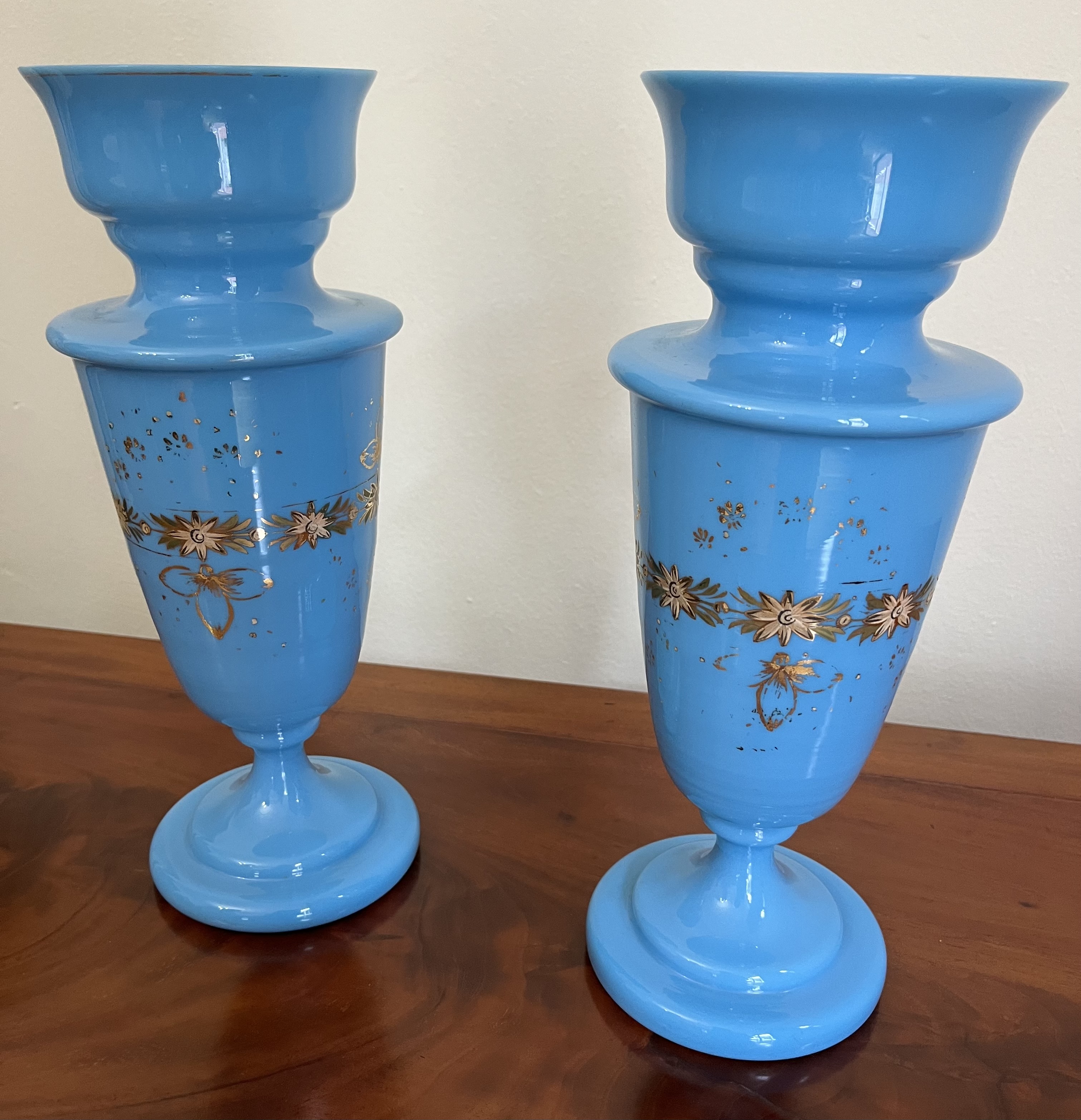 Pair of blown and painted blue opaline footed vases, 19th Century: R8,000