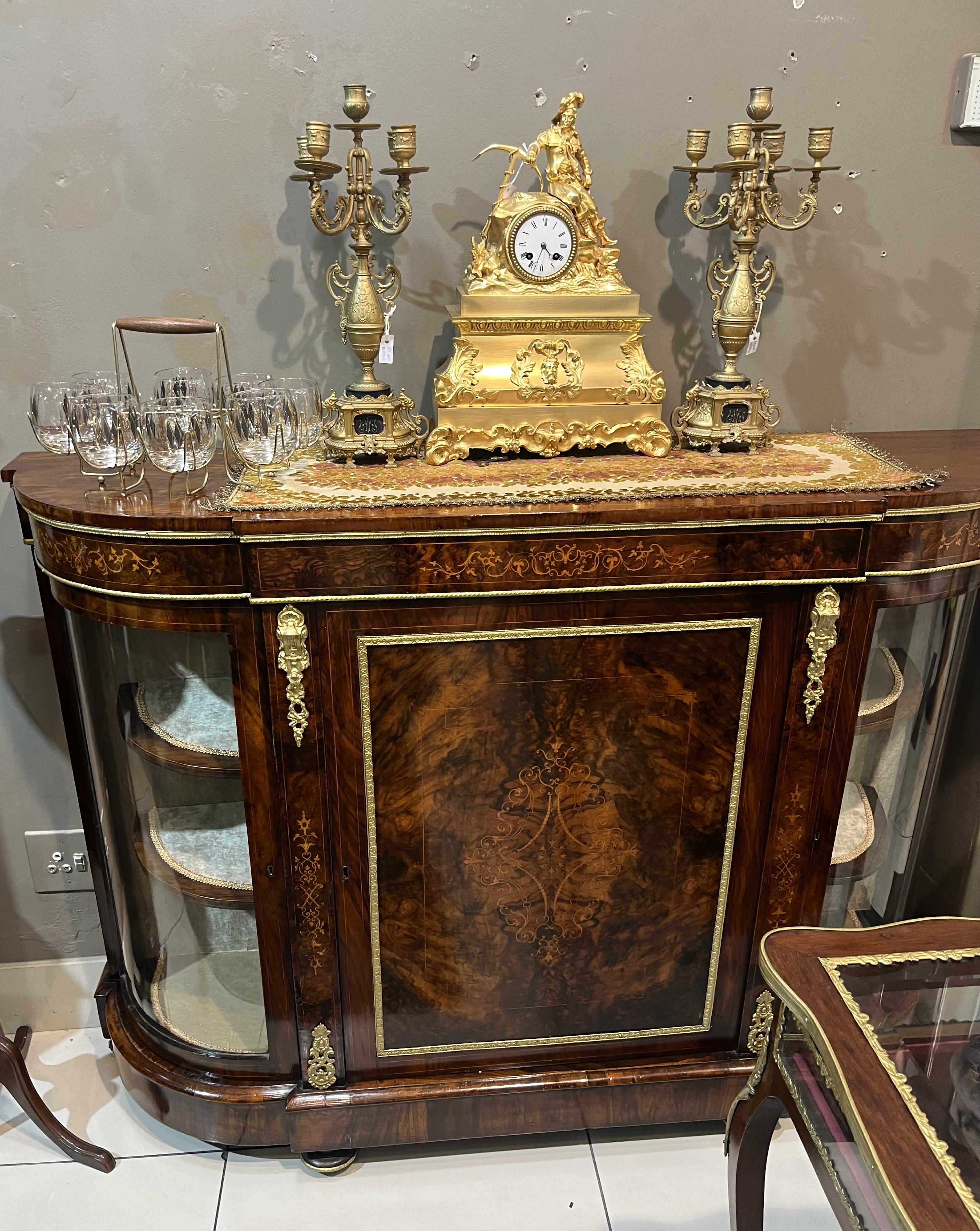 Victorian burr walnut marquetry credenza: POR