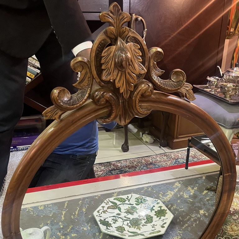 French style carved round mirror with top medallion: R4,000