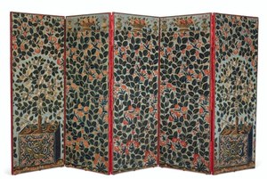 A FRENCH SILK AND WOOL NEEDLEWORK AND SILVER THREAD FIVE-PANEL SCREEN