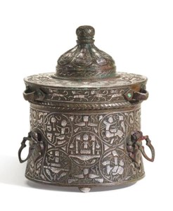 An exceptional Khurasan silver-inlaid bronze inkwell, probably Herat, circa 1200