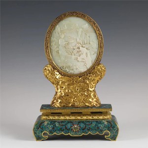 CHINESE CLOISONNE INLAID JADE FIGURE LANDSCAPE TABLE