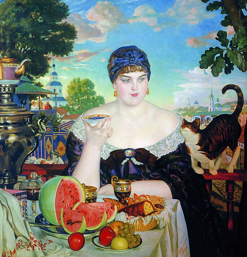The Merchant's Wife by Boris Kustodiev, showcasing Russian tea culture