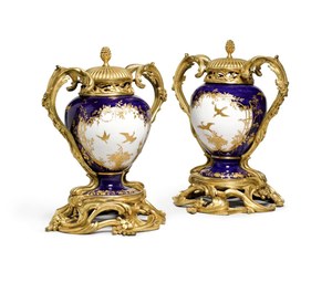 Pair of Louis XV gilt-bronze mounted Vincennes bleu lapis porcelain pots pourris and covers, the porcelain circa 1752, the mounts mid-18th century