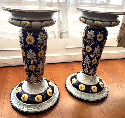 Pair of Victorian Majolica Ceramic Pedestals Column (c. 1885)
