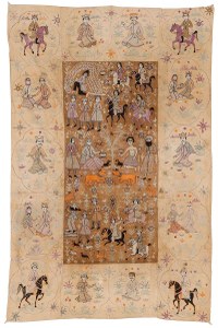 Persian Qajar Silk Embroidered Pictorial Tapestry, 19th C.