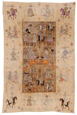 Persian Qajar Silk Embroidered Pictorial Tapestry, 19th C.