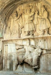 A Sassanid king posing as an armored cavalryman, Taq-e Bostan, Iran