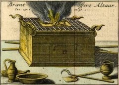 A depiction of the Altar in the Temple of Jerusalem with the ram's horns on each corner