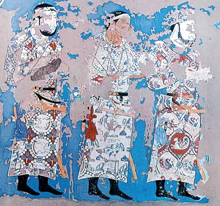 Sogdian textile wall art Afrasiab mural - Samarkand museum
