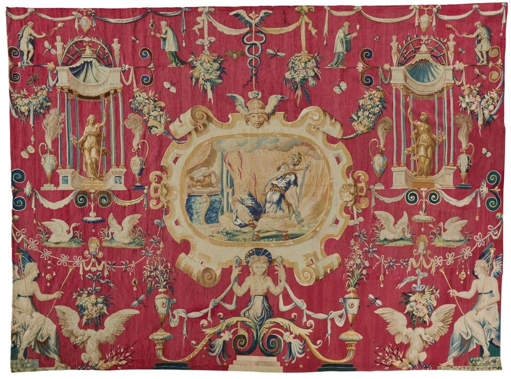 Find the caduceus rod in this stunning grotesque tapestry